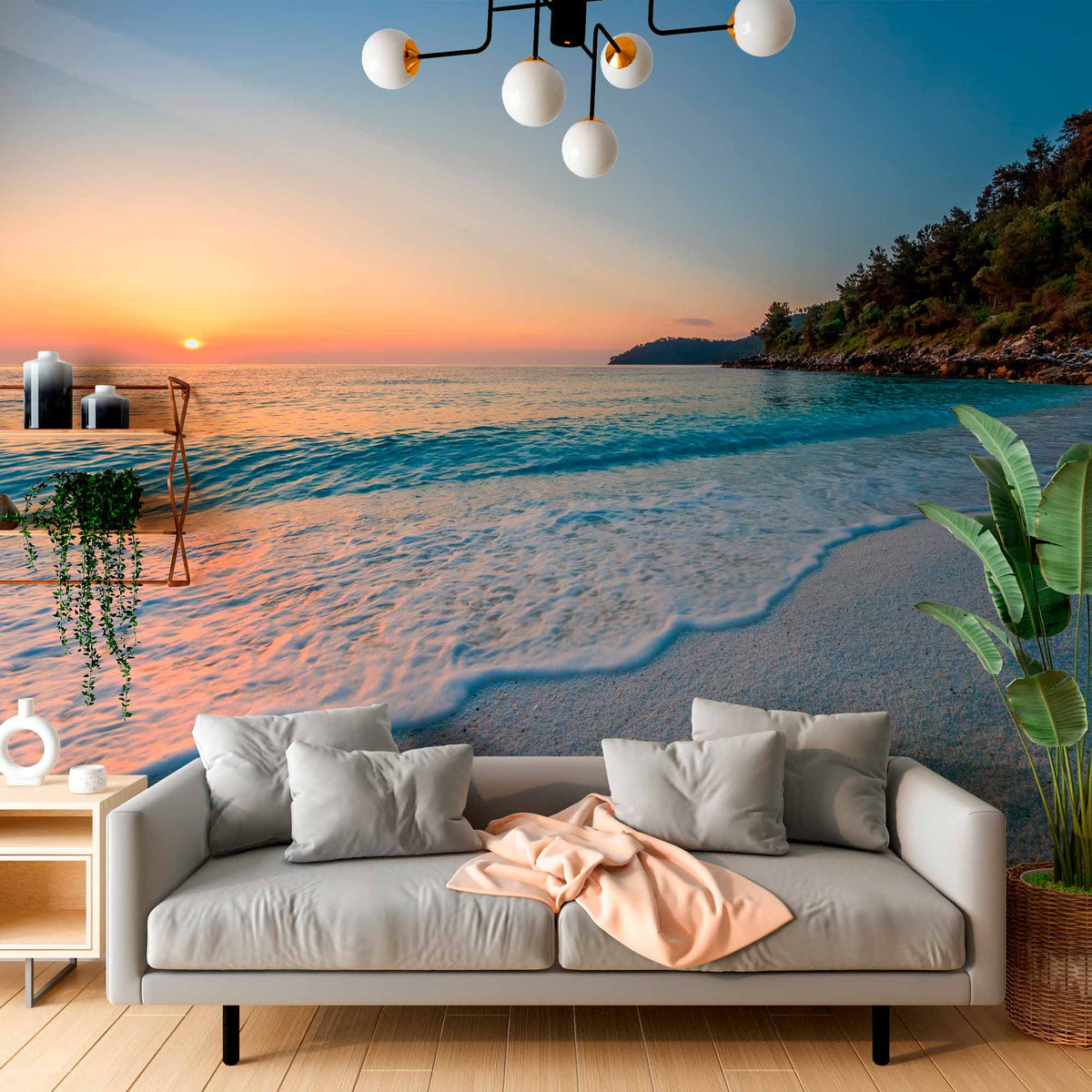 Custom Serene Beach Sunset with Gentle Waves Wall Mural Wallpaper