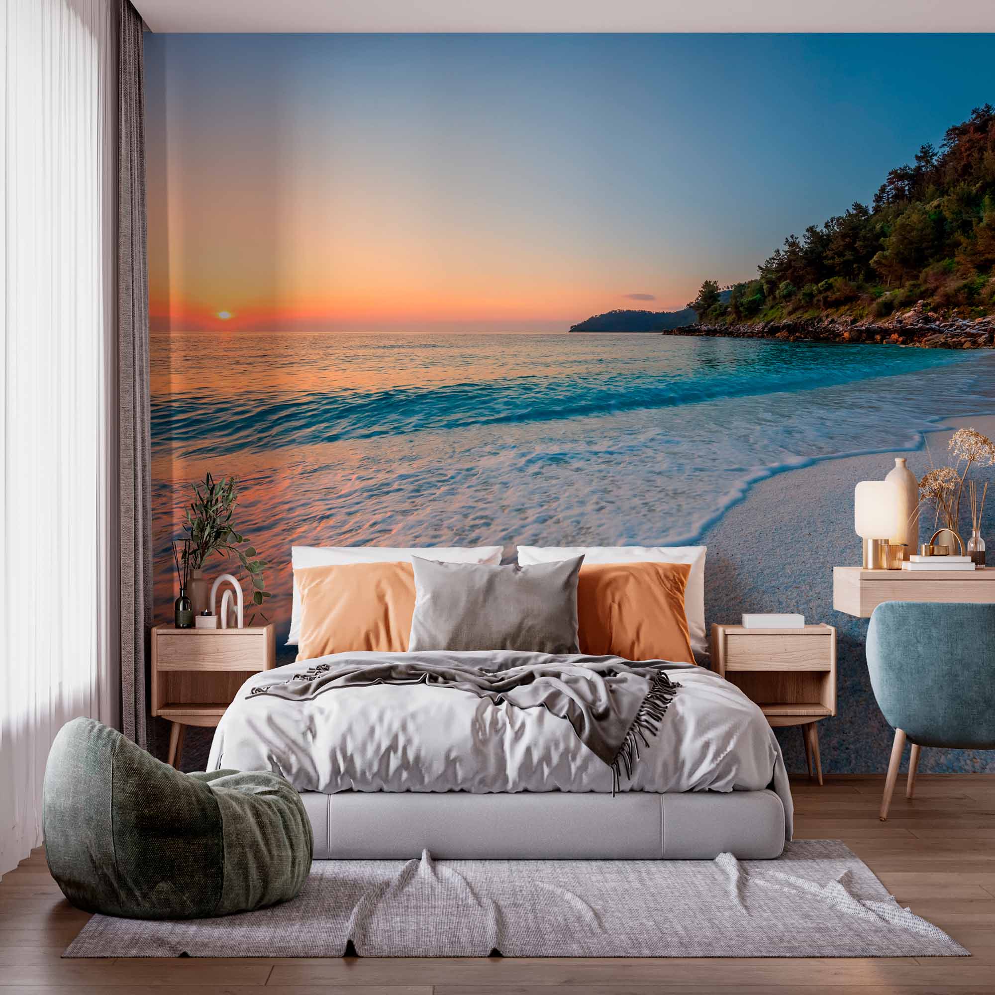 Serene Beach Sunset with Gentle Waves Wall Mural Wallpaper