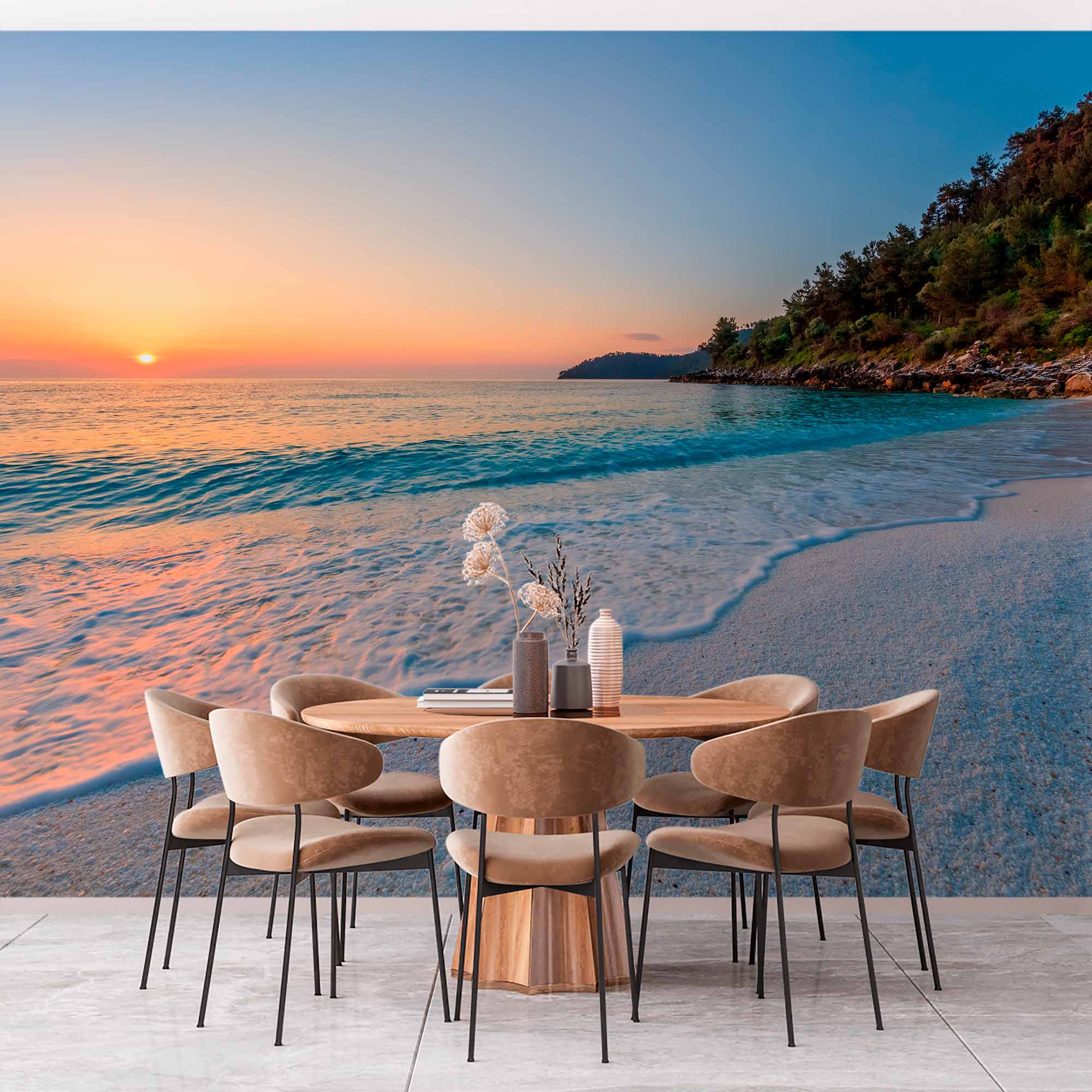 Serene Beach Sunset with Gentle Waves Wall Mural Wallpaper