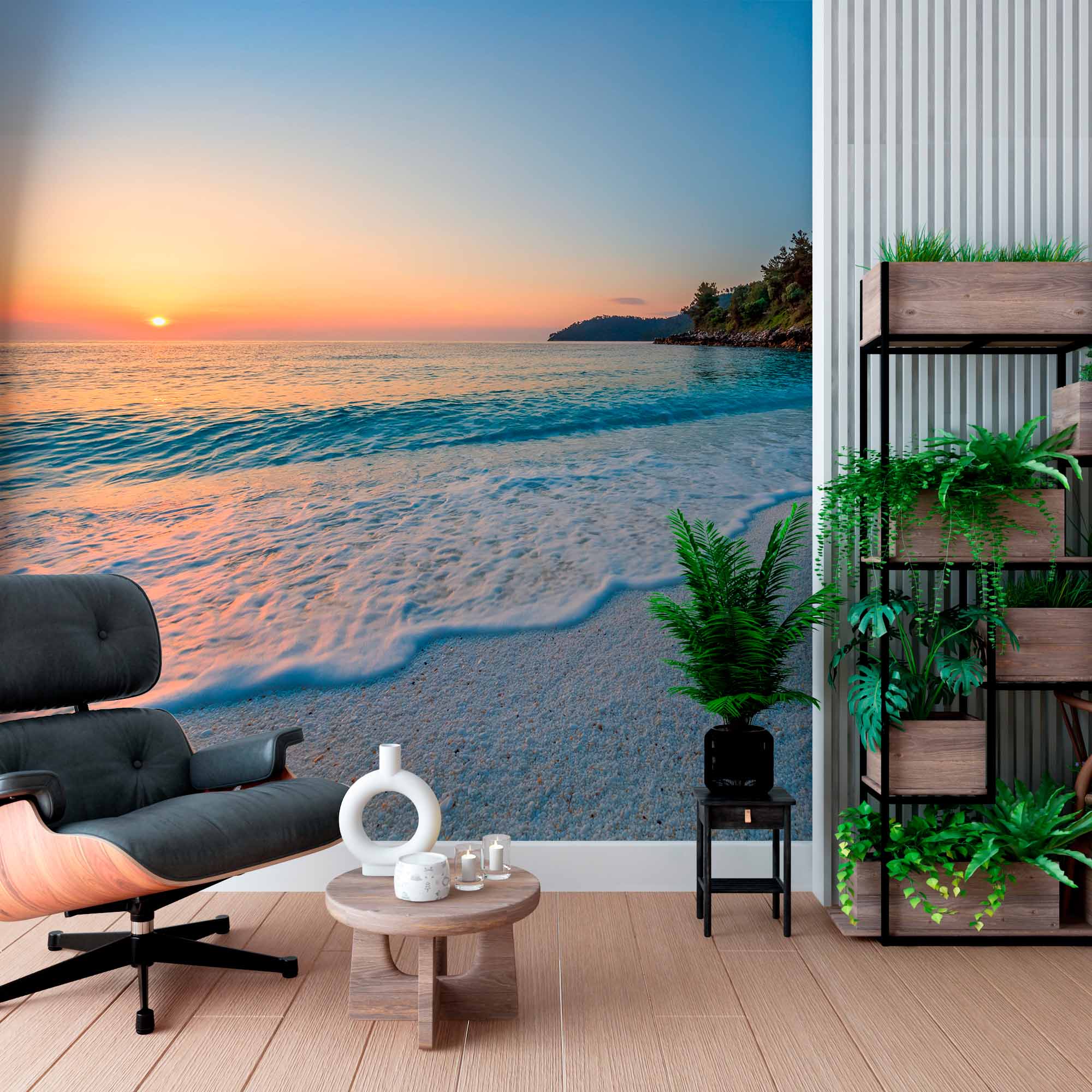 Serene Beach Sunset with Gentle Waves Wall Mural Wallpaper