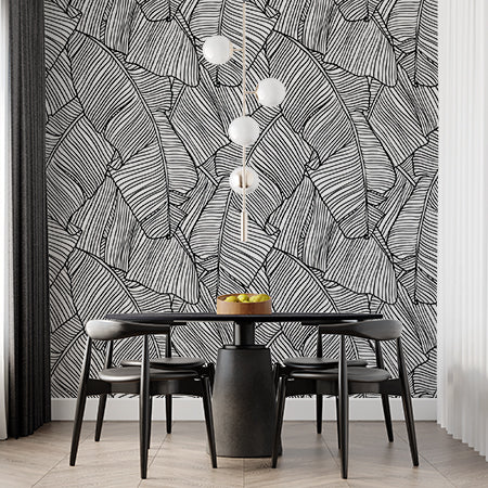 Seamless Patterns with Palm Leaves Wallpaper Black and White Leaf Outline Wall Mural