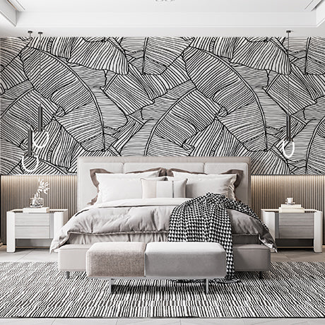 Seamless Patterns with Palm Leaves Wallpaper Black and White Leaf Outline Wall Mural