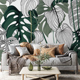 Tropical Monstera Palm Leaves Outline Wall Mural Botanical Patterned Wallpaper