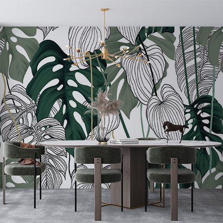 Tropical Monstera Palm Leaves Outline Wall Mural Botanical Patterned Wallpaper