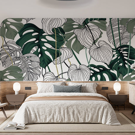 Tropical Monstera Palm Leaves Outline Wall Mural Botanical Patterned Wallpaper