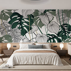 Custom Tropical Monstera Palm Leaves Outline Wall Mural Botanical Patterned Wallpaper