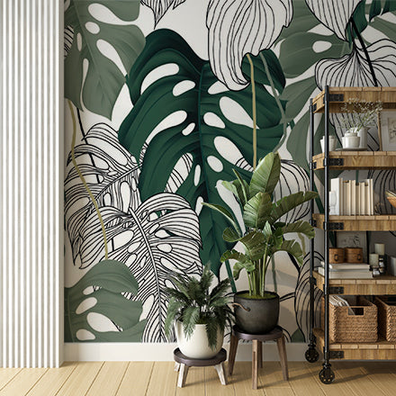 Tropical Monstera Palm Leaves Outline Wall Mural Botanical Patterned Wallpaper