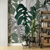 Tropical Monstera Palm Leaves Outline Wall Mural Botanical Patterned Wallpaper