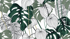 Custom Tropical Monstera Palm Leaves Outline Wall Mural Botanical Patterned Wallpaper