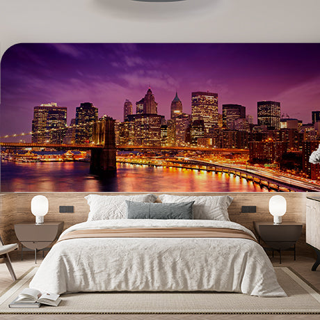 New York City Skyline at Night with Brooklyn Bridge and Purple Sky Wall Murals