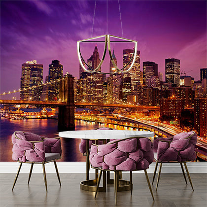 New York City Skyline at Night with Brooklyn Bridge and Purple Sky Wall Murals