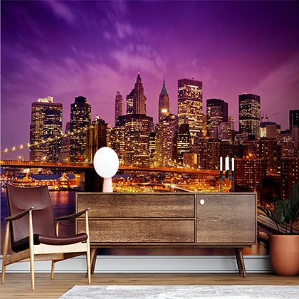 New York City Skyline at Night with Brooklyn Bridge and Purple Sky Wall Murals