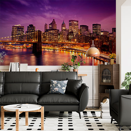 New York City Skyline at Night with Brooklyn Bridge and Purple Sky Wall Murals