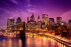 Custom New York City Skyline at Night with Brooklyn Bridge and Purple Sky Wall Murals