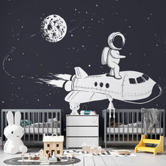 Custom Kids Wall Murals Astronaut Space Rocket Black Wallpaper for Kids