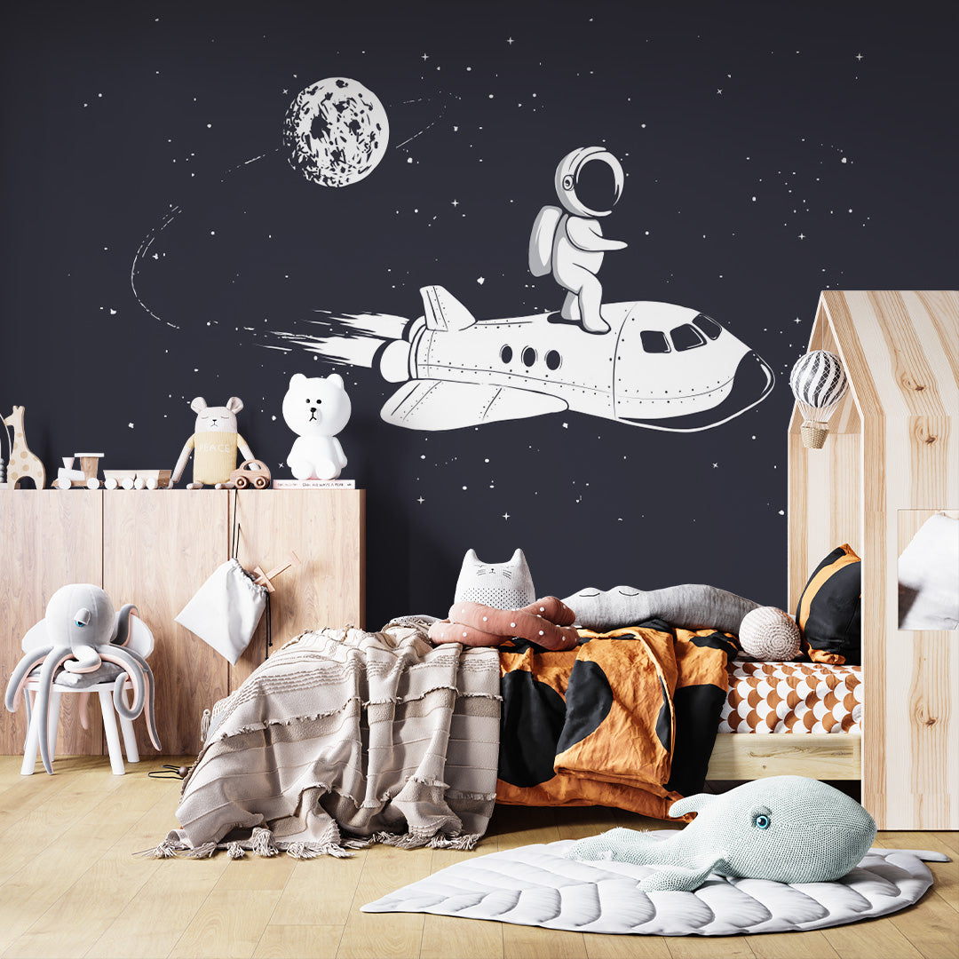 Kids Wall Murals Astronaut Space Rocket Black Wallpaper for Kids