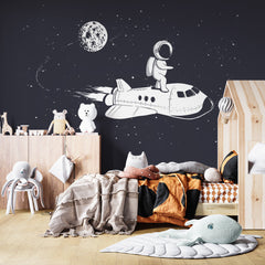 Custom Kids Wall Murals Astronaut Space Rocket Black Wallpaper for Kids