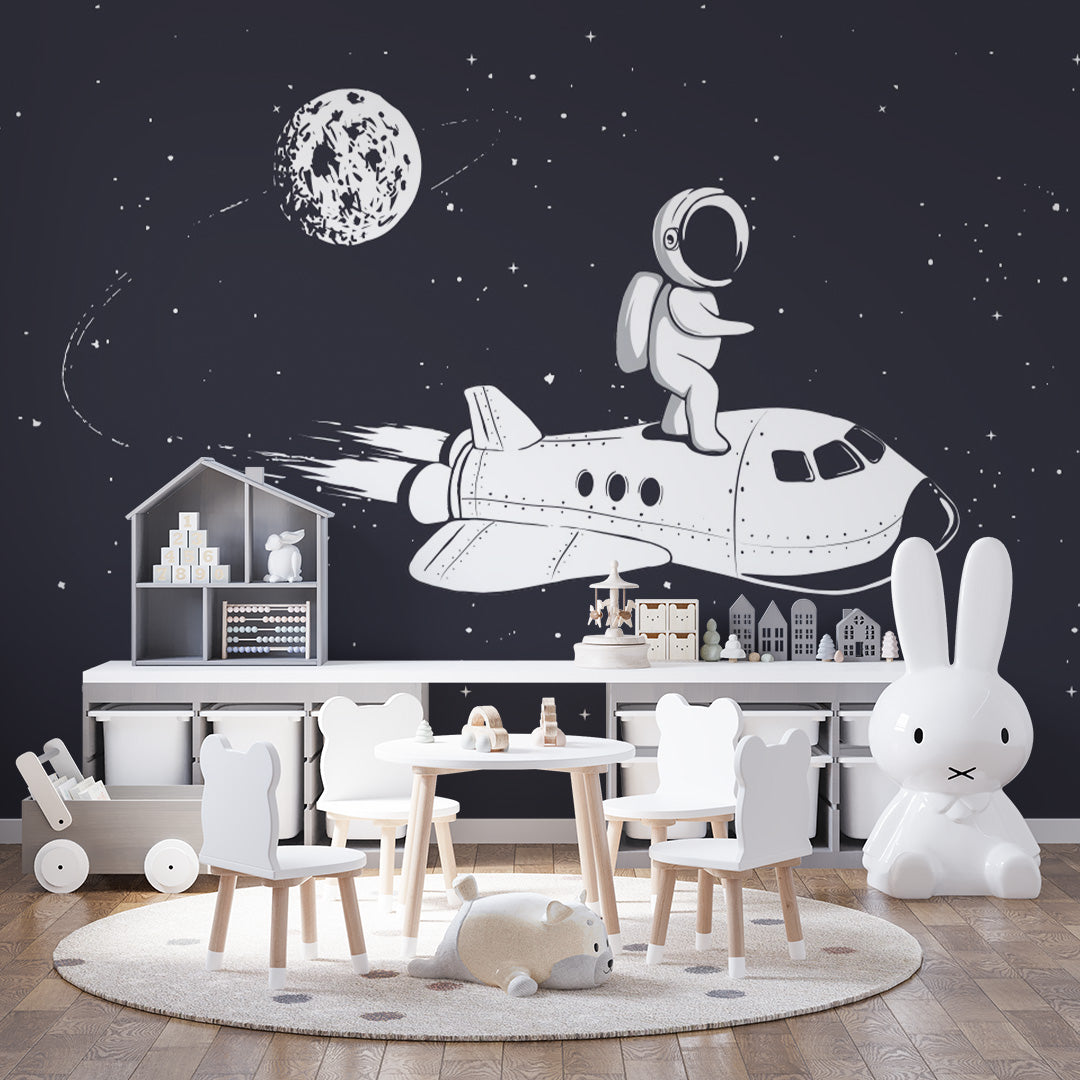 Kids Wall Murals Astronaut Space Rocket Black Wallpaper for Kids