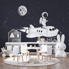 Custom Kids Wall Murals Astronaut Space Rocket Black Wallpaper for Kids