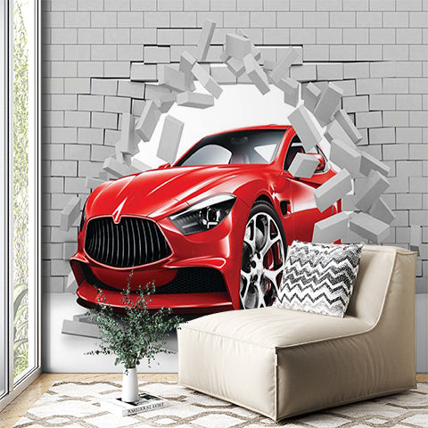 Red Sports Car Breakthrough Wall Mural Wallpaper - Dynamic 3D Brick Wall Effect