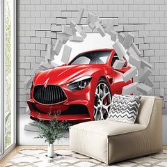 Custom Red Sports Car Breakthrough Wall Mural Wallpaper - Dynamic 3D Brick Wall Effect