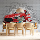 Red Sports Car Breakthrough Wall Mural Wallpaper - Dynamic 3D Brick Wall Effect