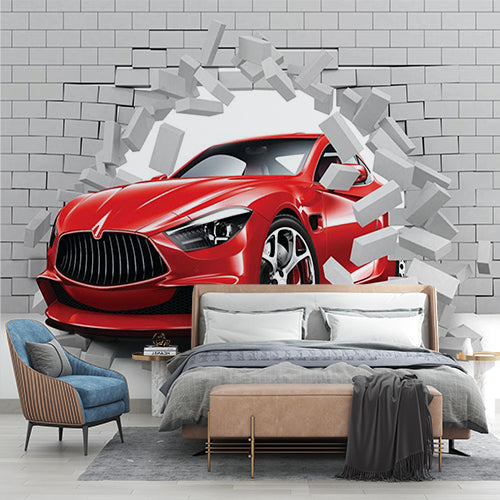 Red Sports Car Breakthrough Wall Mural Wallpaper - Dynamic 3D Brick Wall Effect