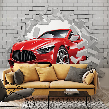 Red Sports Car Breakthrough Wall Mural Wallpaper - Dynamic 3D Brick Wall Effect