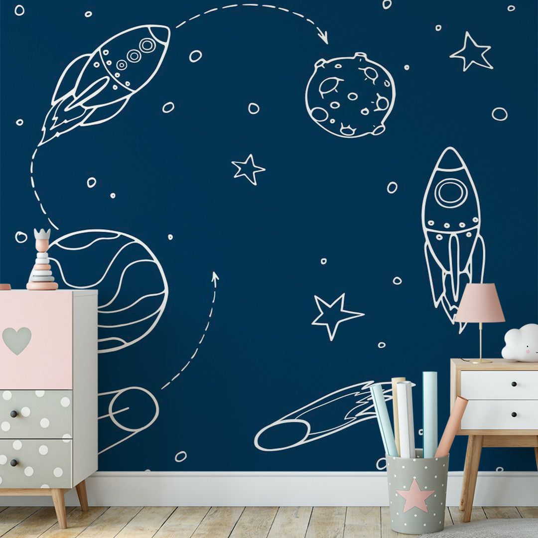 White hand-drawn rockets, planets, stars and comets on navy space wallpaper