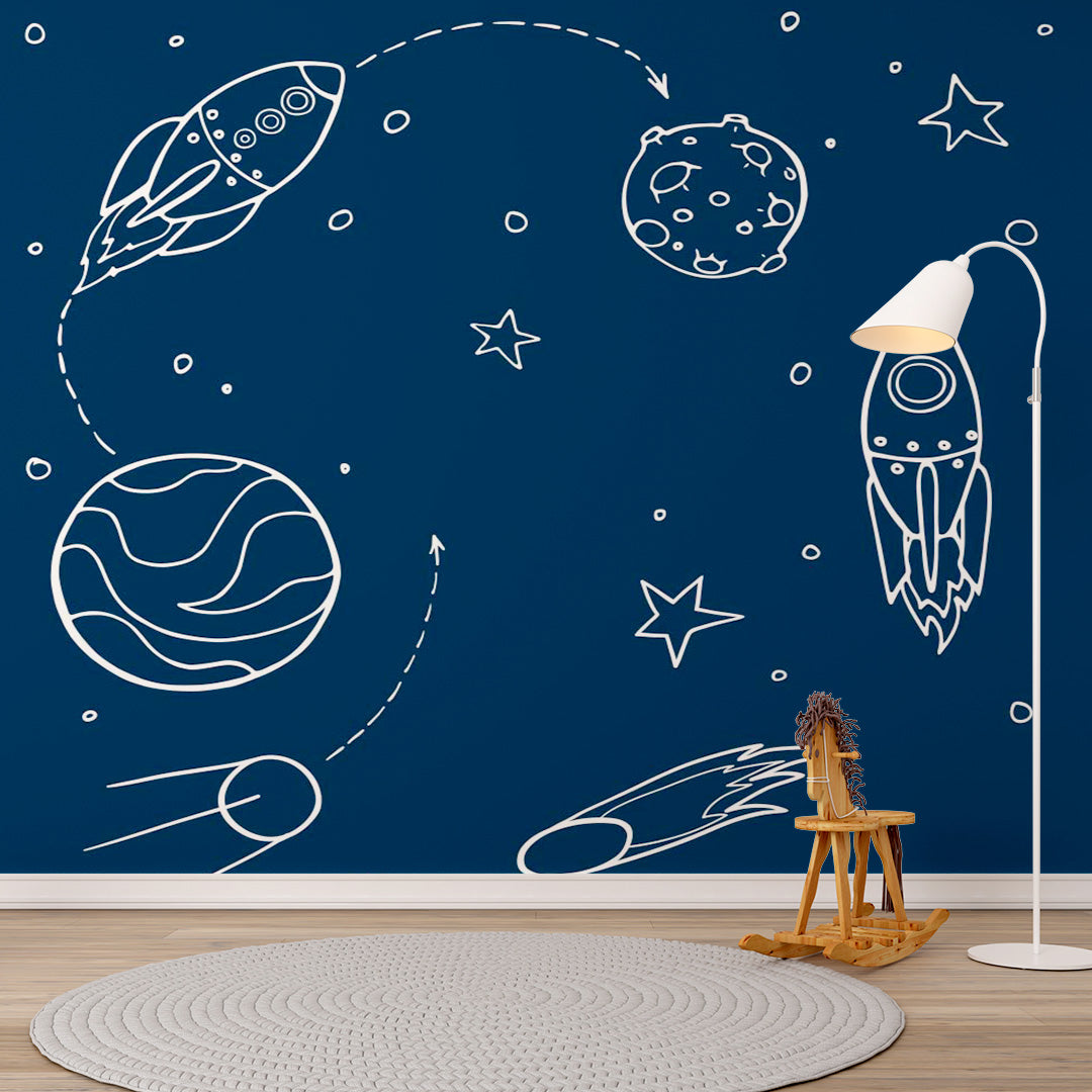 Kids Wall Murals Blue Space Stars Simple Design Nursery Wallpaper for Kids