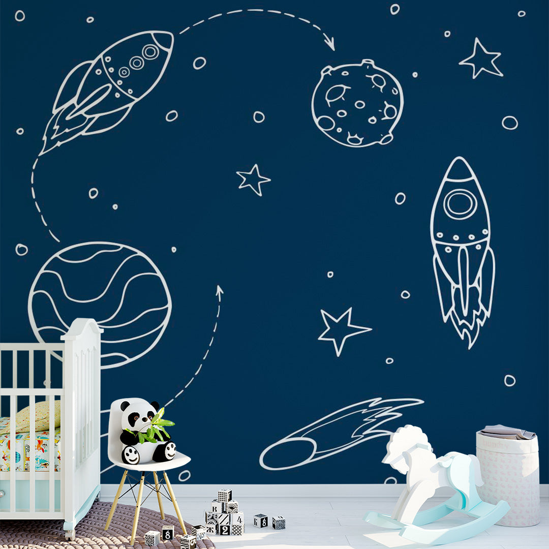 Kids Wall Murals Blue Space Stars Simple Design Nursery Wallpaper for Kids