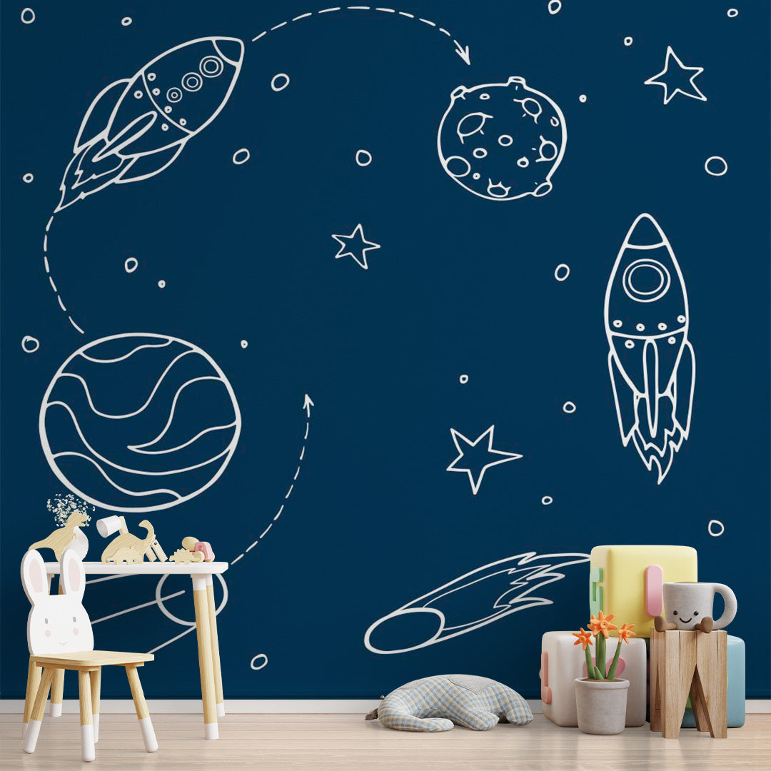 Kids Wall Murals Blue Space Stars Simple Design Nursery Wallpaper for Kids