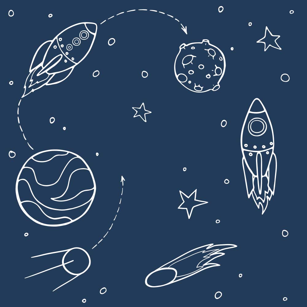 Handgezeichnete Raketen und Planeten – marineblaue Weltraum-Tapete