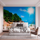 Sunlit Tropical Beach with Palm Trees Wall Mural Wallpaper