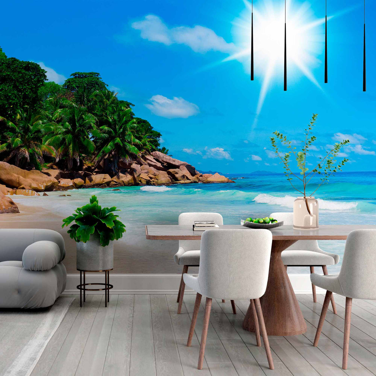 Sunlit Tropical Beach with Palm Trees Wall Mural Wallpaper