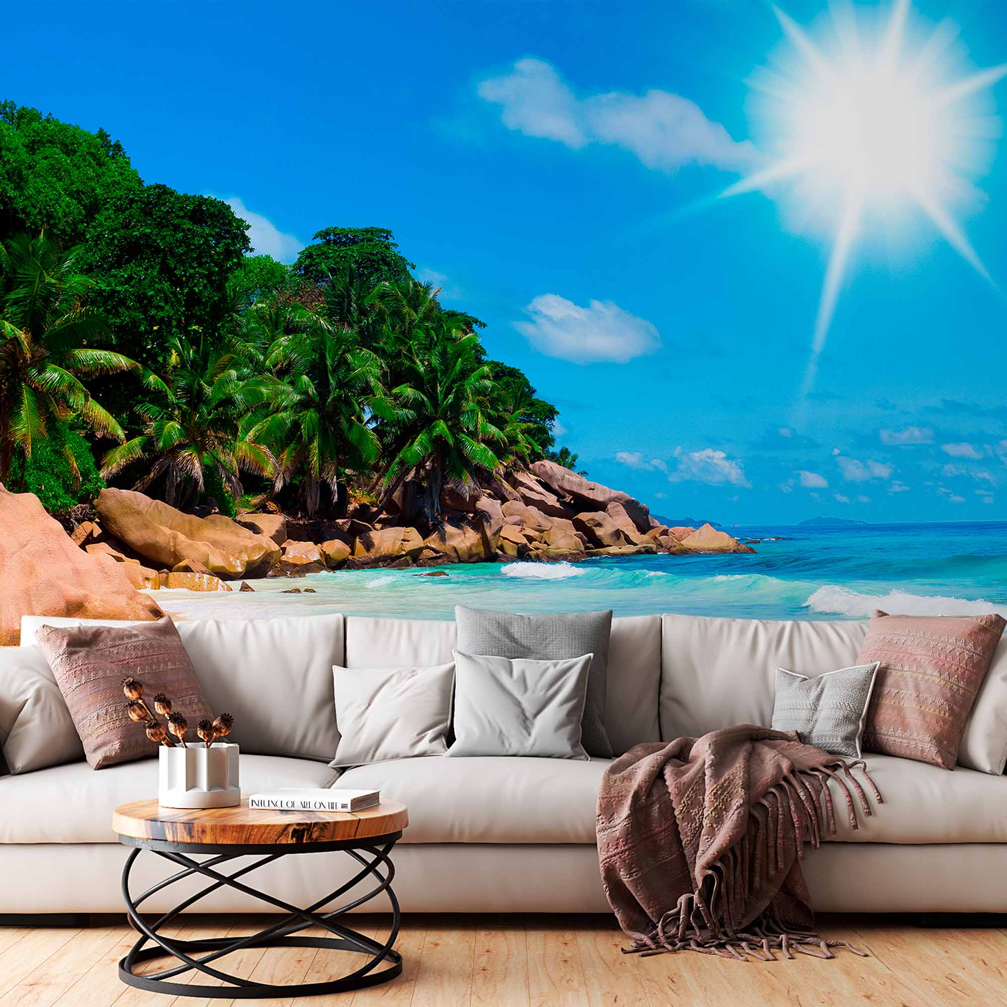 Sunlit Tropical Beach with Palm Trees Wall Mural Wallpaper