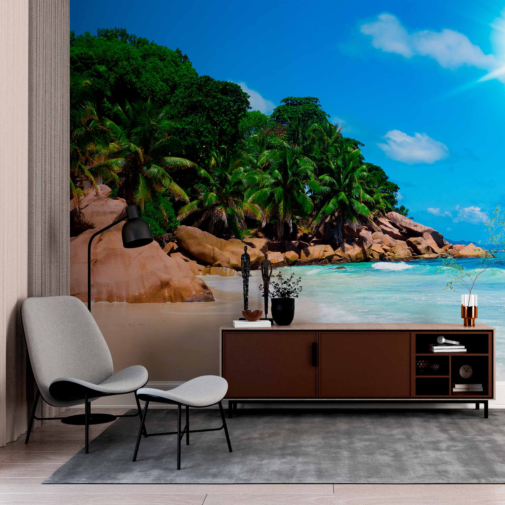 Sunlit Tropical Beach with Palm Trees Wall Mural Wallpaper