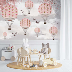 Custom Kids Wall Mural Cartoon Hot Air Balloons with Blossom Birds Clouds Sky Nursery Wallpaper