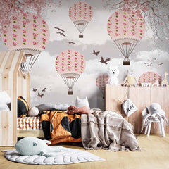 Custom Kids Wall Mural Cartoon Hot Air Balloons with Blossom Birds Clouds Sky Nursery Wallpaper