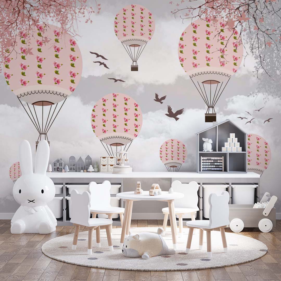 Custom Kids Wall Mural Cartoon Hot Air Balloons with Blossom Birds Clouds Sky Nursery Wallpaper