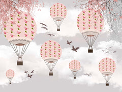 Custom Kids Wall Mural Cartoon Hot Air Balloons with Blossom Birds Clouds Sky Nursery Wallpaper