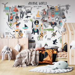 Custom Kids World Map Animal World Wall Mural Educational Wallpaper for Kids