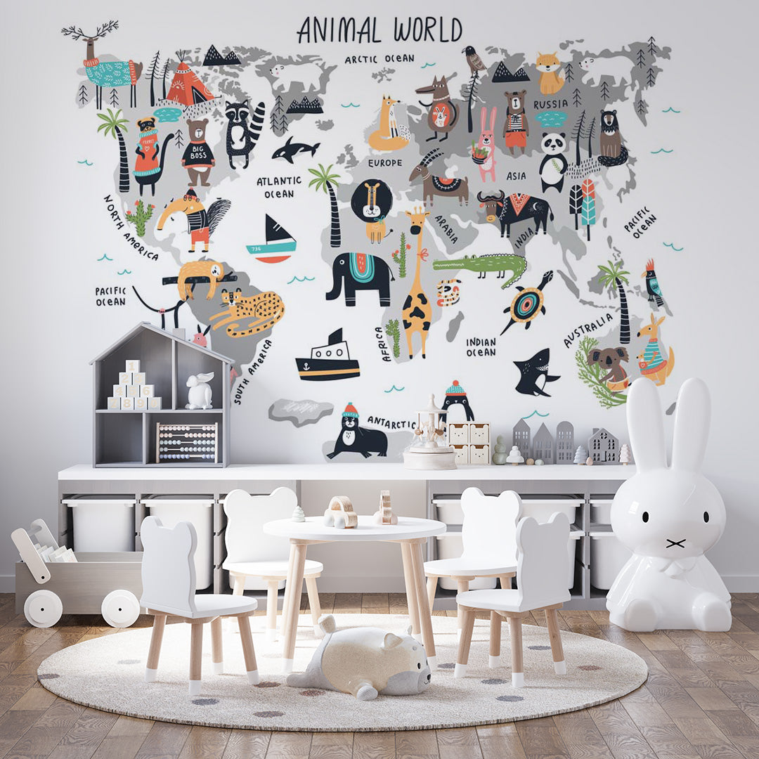 Kids World Map Animal World Wall Mural Educational Wallpaper for Kids