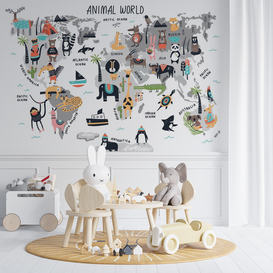 Kids World Map Animal World Wall Mural Educational Wallpaper for Kids