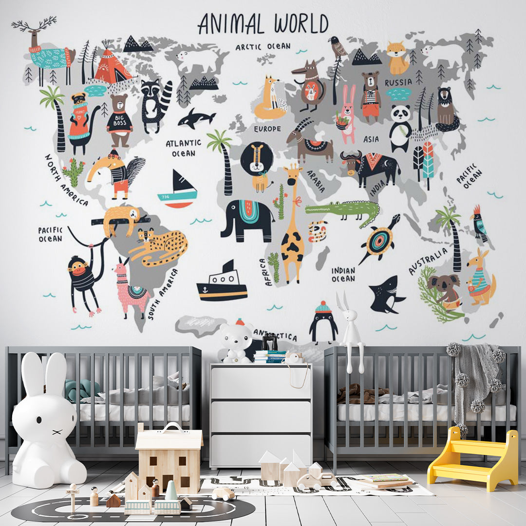 Kids World Map Animal World Wall Mural Educational Wallpaper for Kids