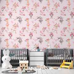 Custom Kids Wall Mural Pink Flamingo Cats on Pointe Shoes Rabbit Ballet Theme Nursery Wallpaper