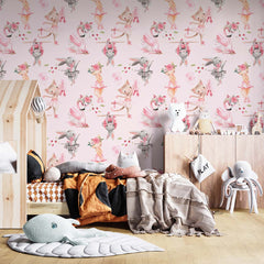 Custom Kids Wall Mural Pink Flamingo Cats on Pointe Shoes Rabbit Ballet Theme Nursery Wallpaper