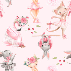 Custom Kids Wall Mural Pink Flamingo Cats on Pointe Shoes Rabbit Ballet Theme Nursery Wallpaper