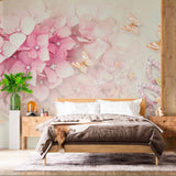 Elegant Pink Hydrangea and Butterfly Wall Mural - Floral and Jewel Accent Design