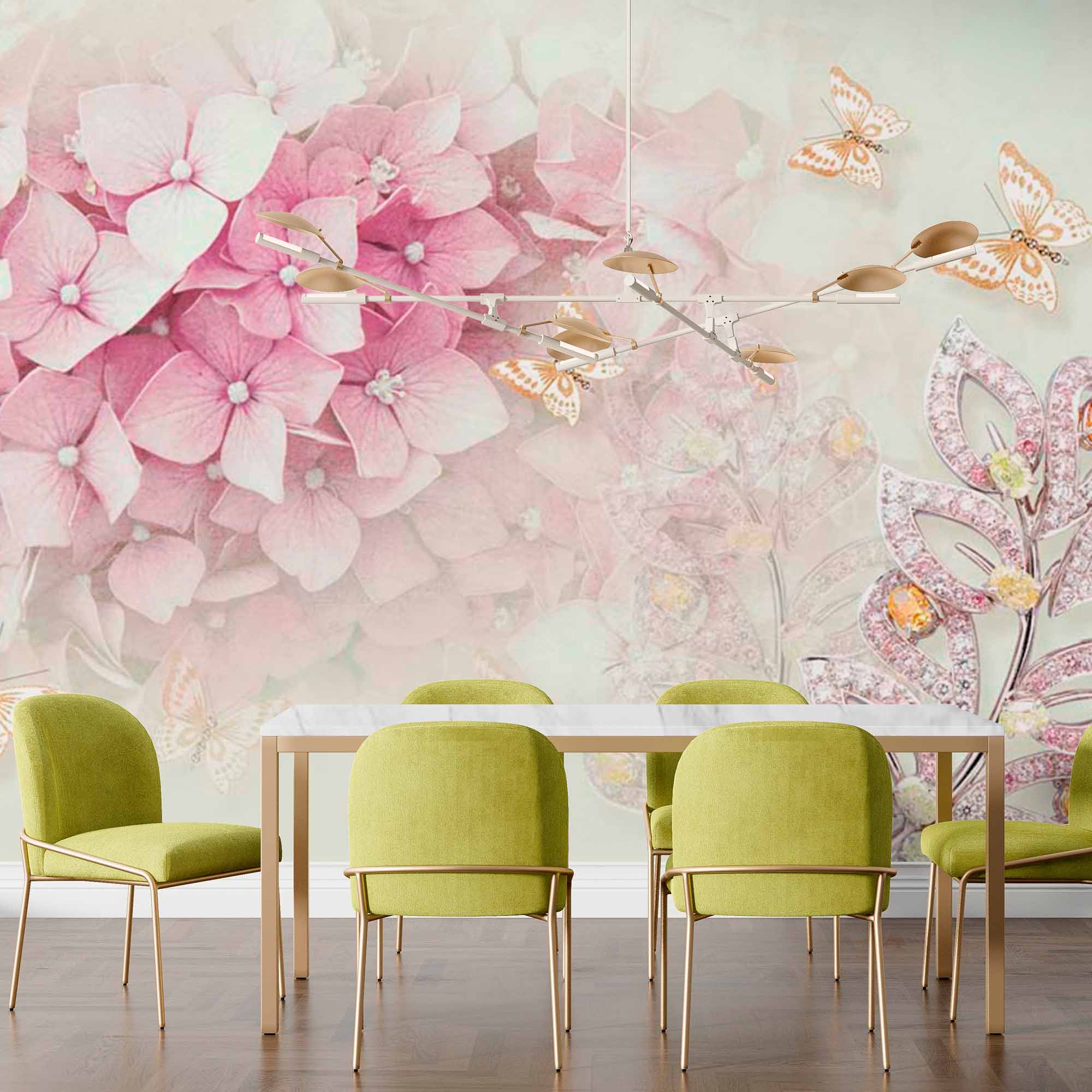 Elegant Pink Hydrangea and Butterfly Wall Mural - Floral and Jewel Accent Design